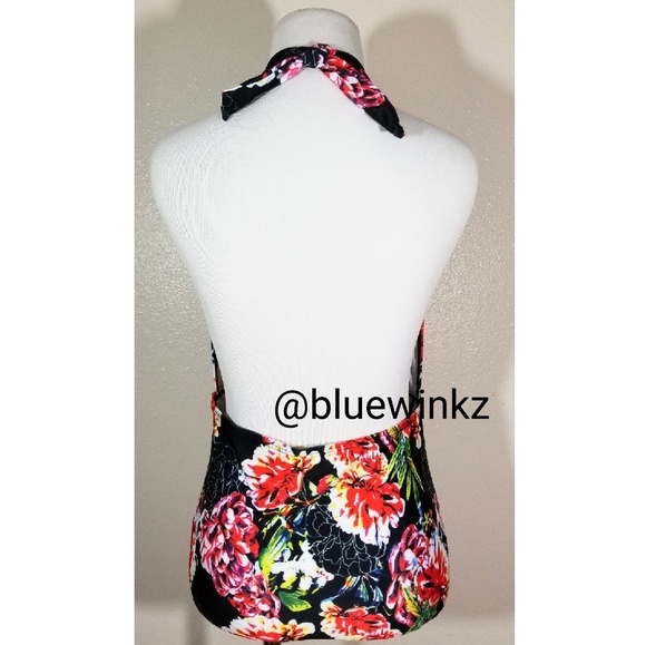 💮Plunging  Black Floral Bathing Suit - Picture 4 of 5